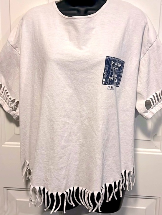 YAZBEK Tops - BELIZE 100% COTTON WHITE/BLUE LIZARD GECKO 🦎 FRINGED ISLAND TSHIRT Women’s 2X
